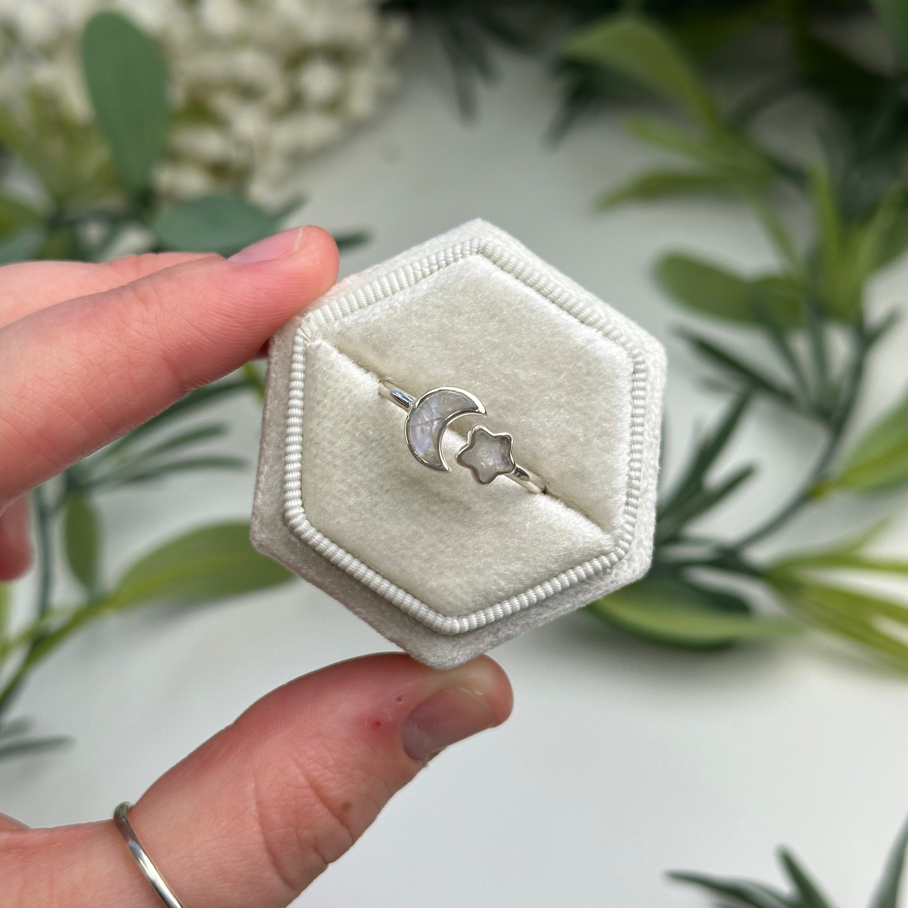 Adjustable Rainbow Moonstone Star & Moon Ring