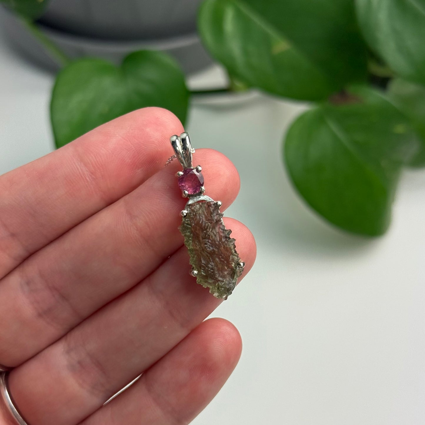 Moldavite & Pink Tourmaline Pendant—2.83 Grams