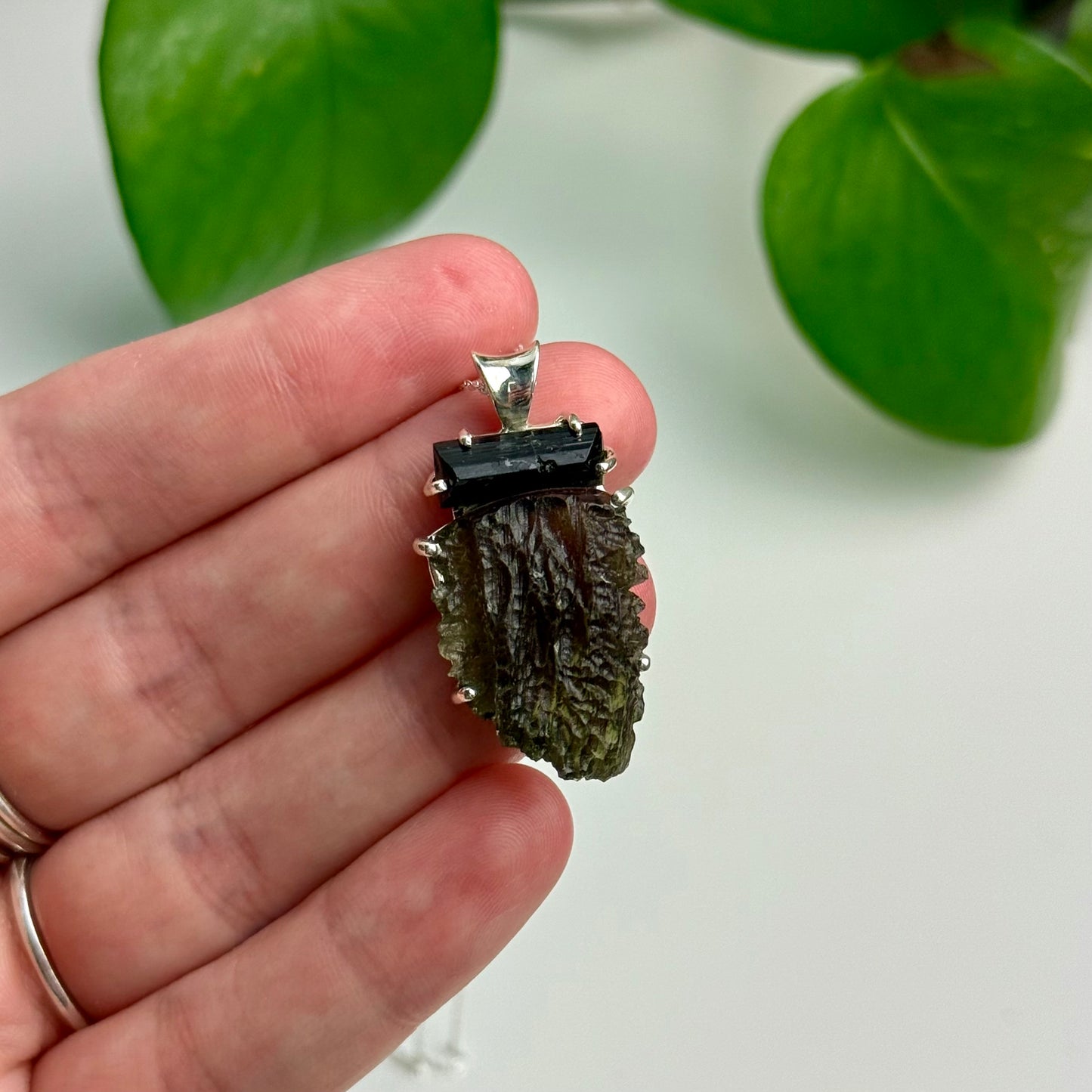 Moldavite & Tourmaline Pendant—7.60 Grams