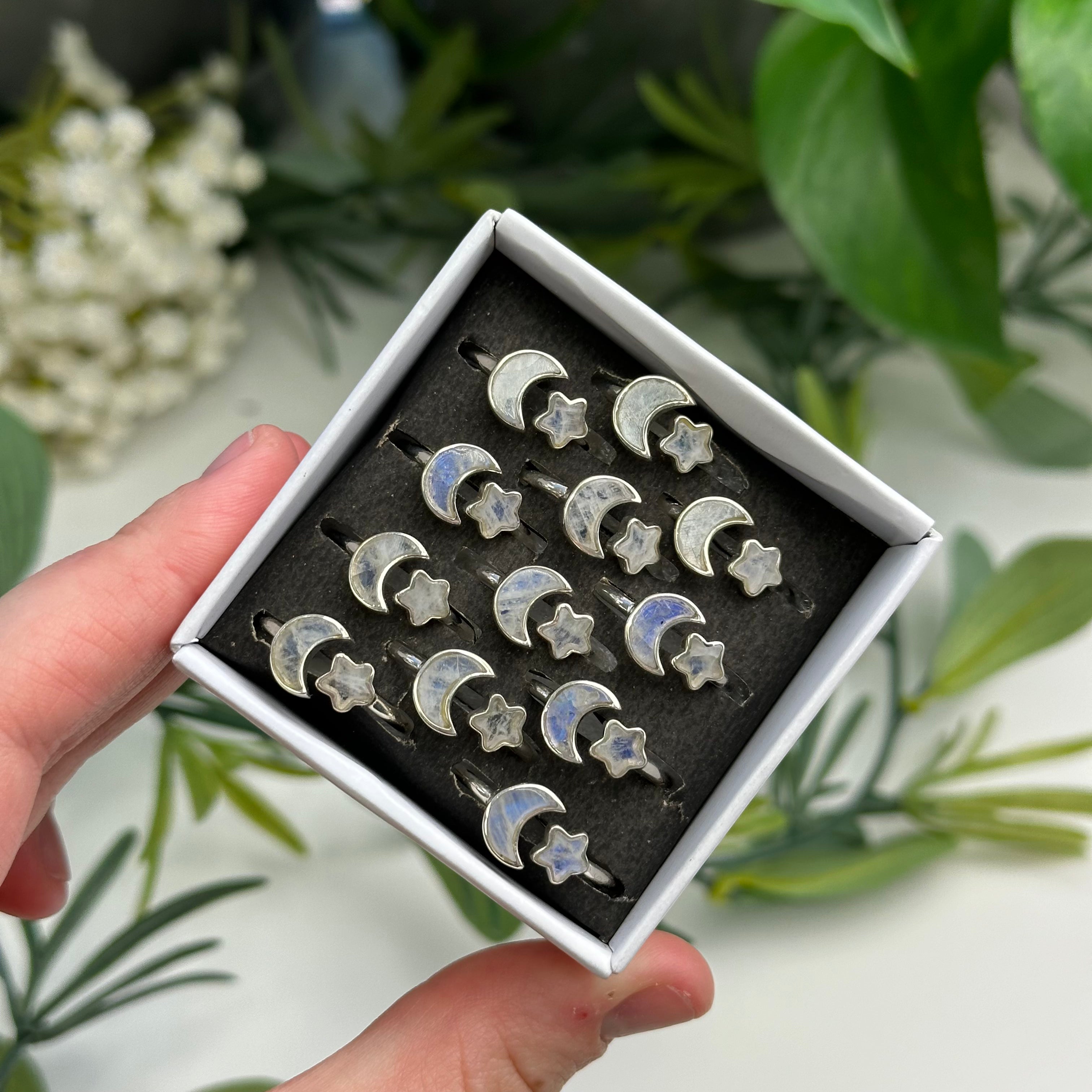 Adjustable Rainbow Moonstone Star & Moon Ring