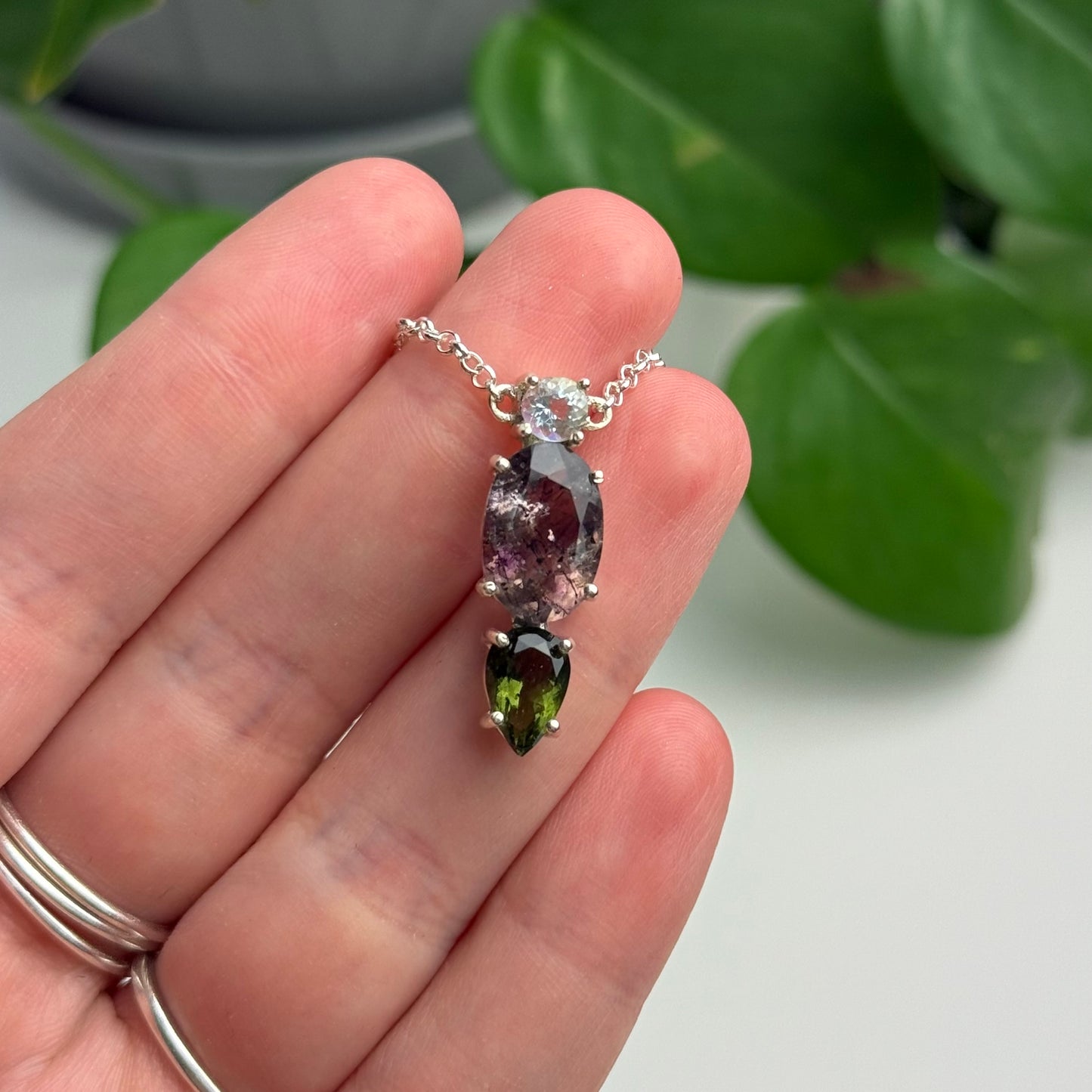 Moldavite, Super 7 Amethyst & Madagascar Moonstone Pendant—3.23 Grams
