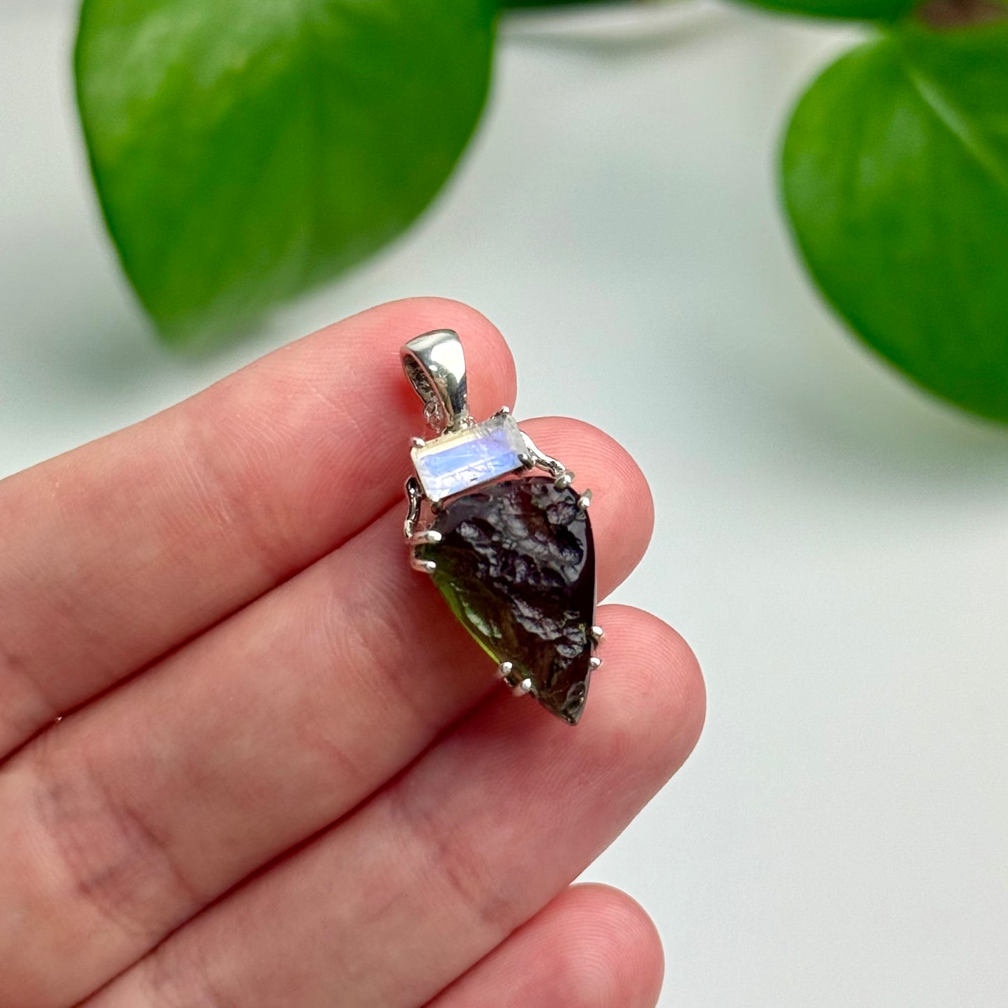 Moldavite & Moonstone Pendant—3.92 Grams