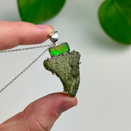 Moldavite & Ammolite Pendant—6.15 Grams