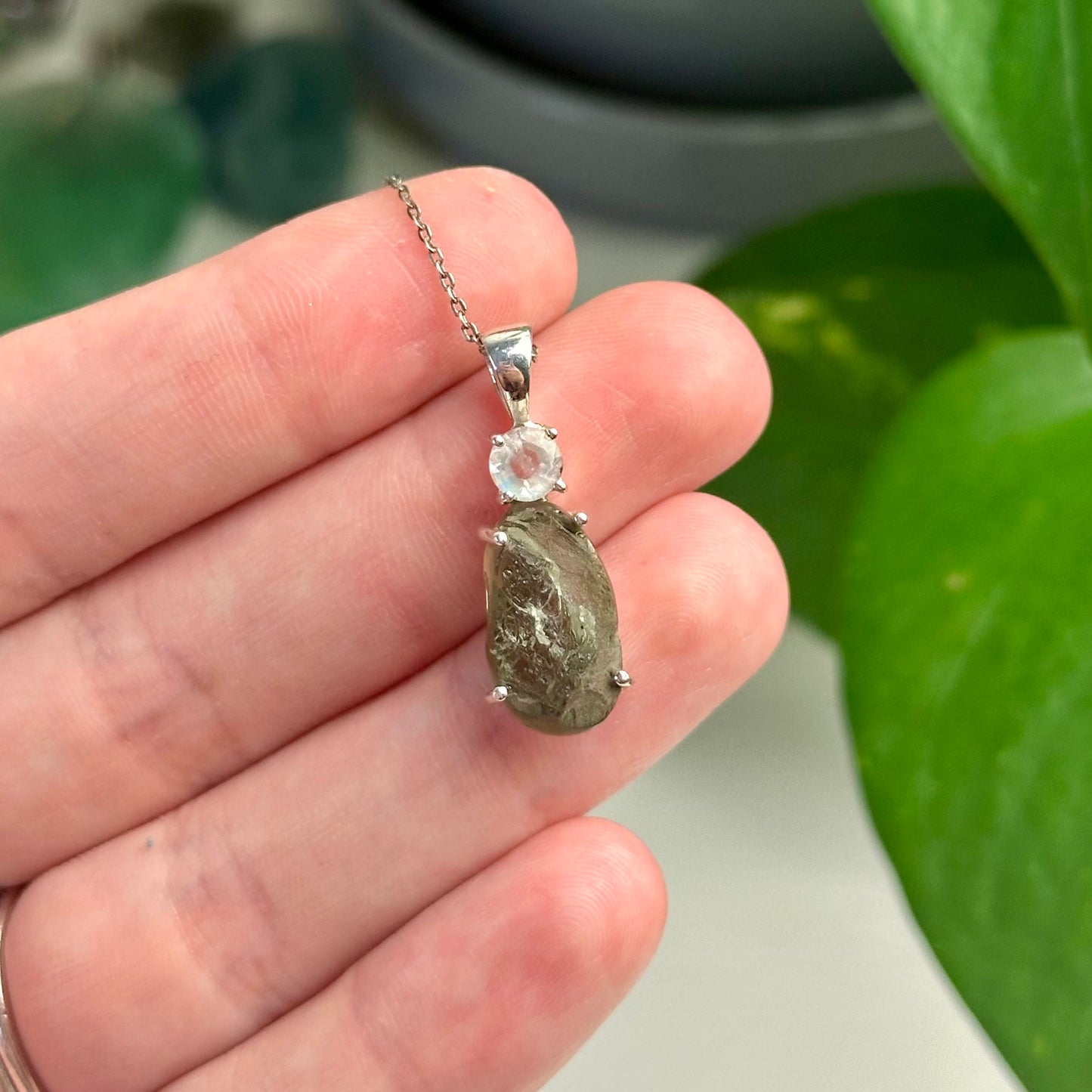 Rainbow Moonstone And Moldavite Pendant Style C