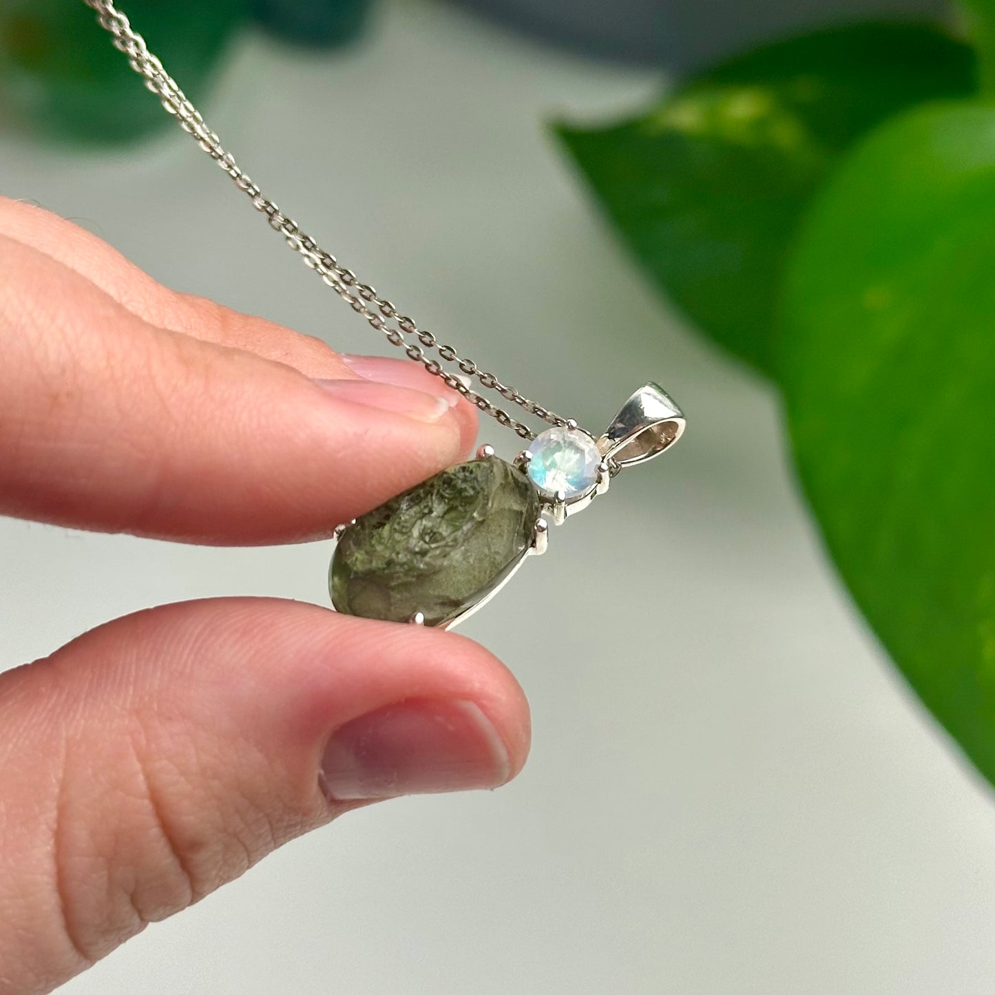 Rainbow Moonstone And Moldavite Pendant Style C