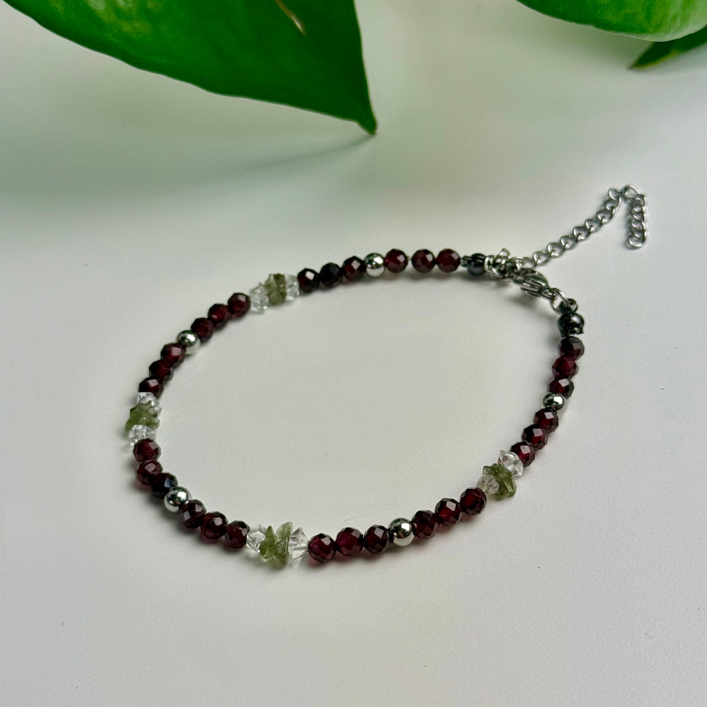 The Activation Bracelet—Moldavite, Garnet, Herkimer Diamond