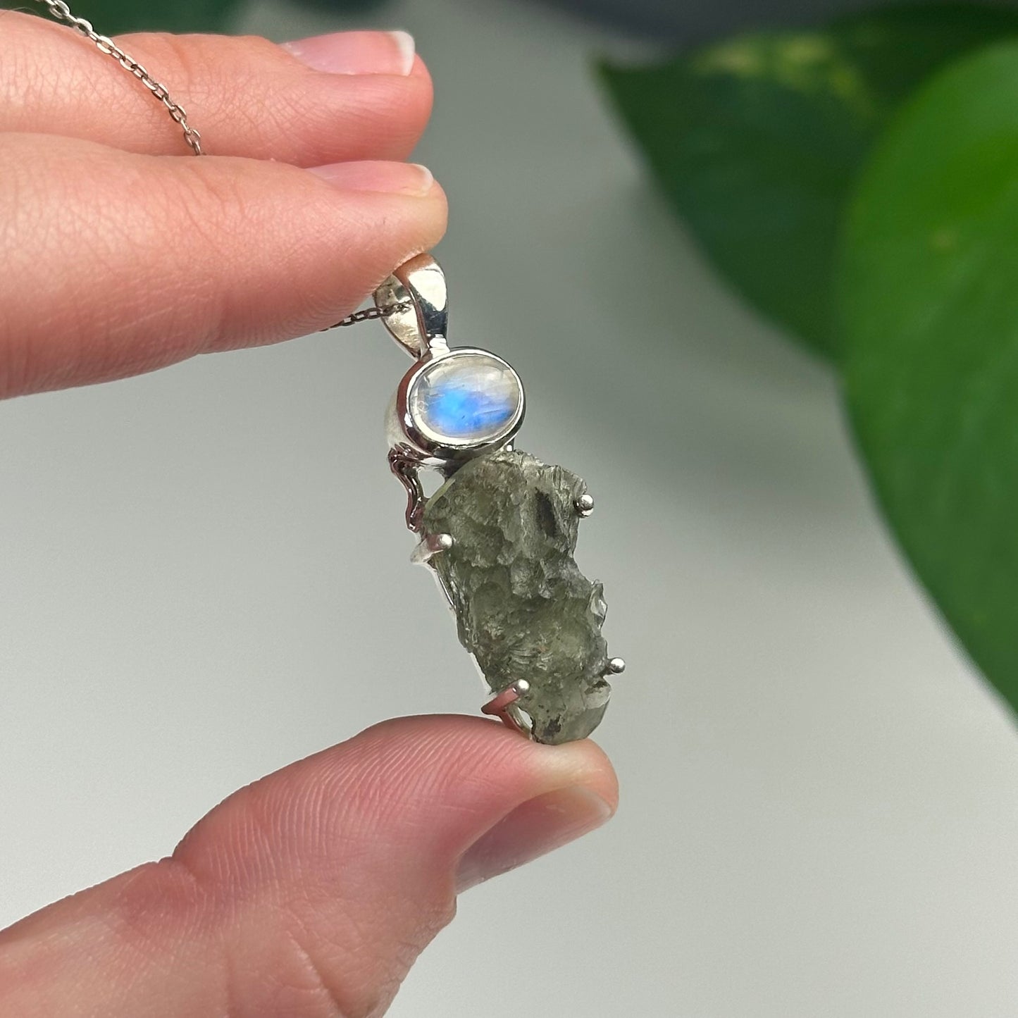 Rainbow Moonstone And Moldavite Pendant Style E