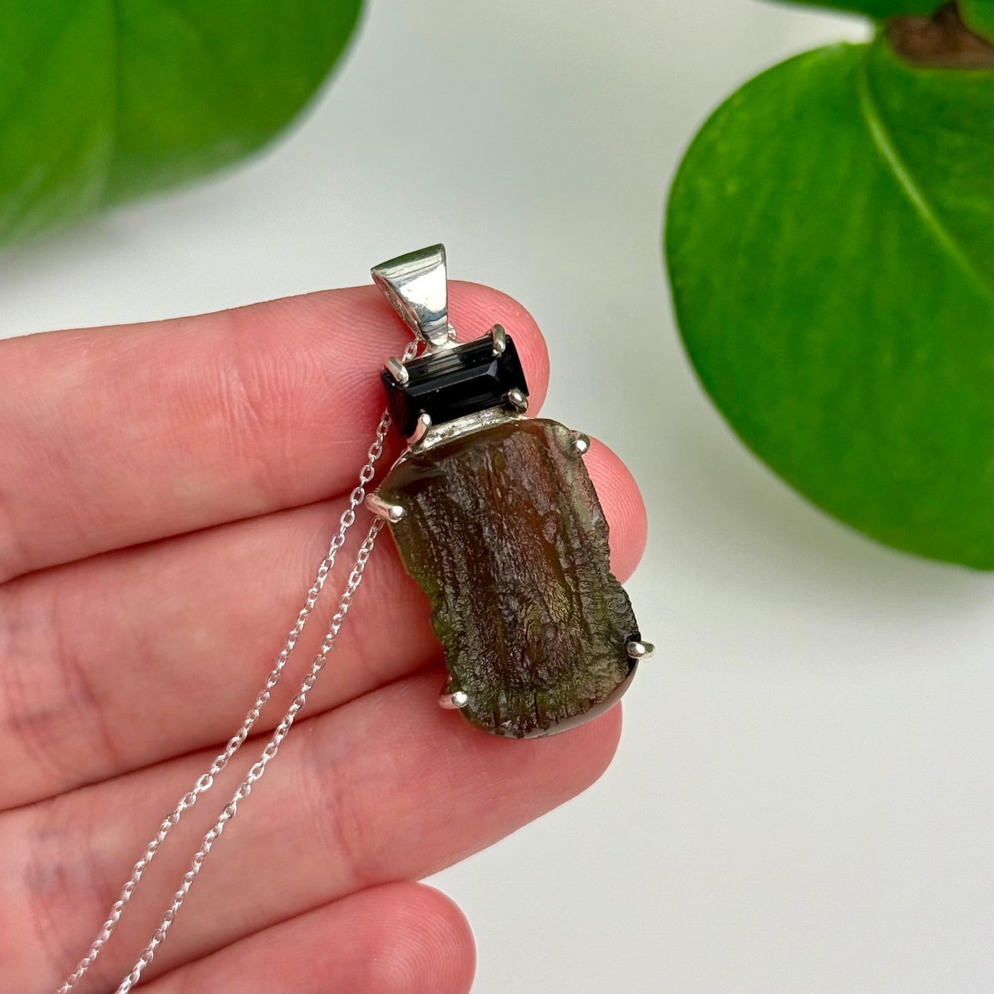 Moldavite & Tourmaline Pendant—5.60 Grams
