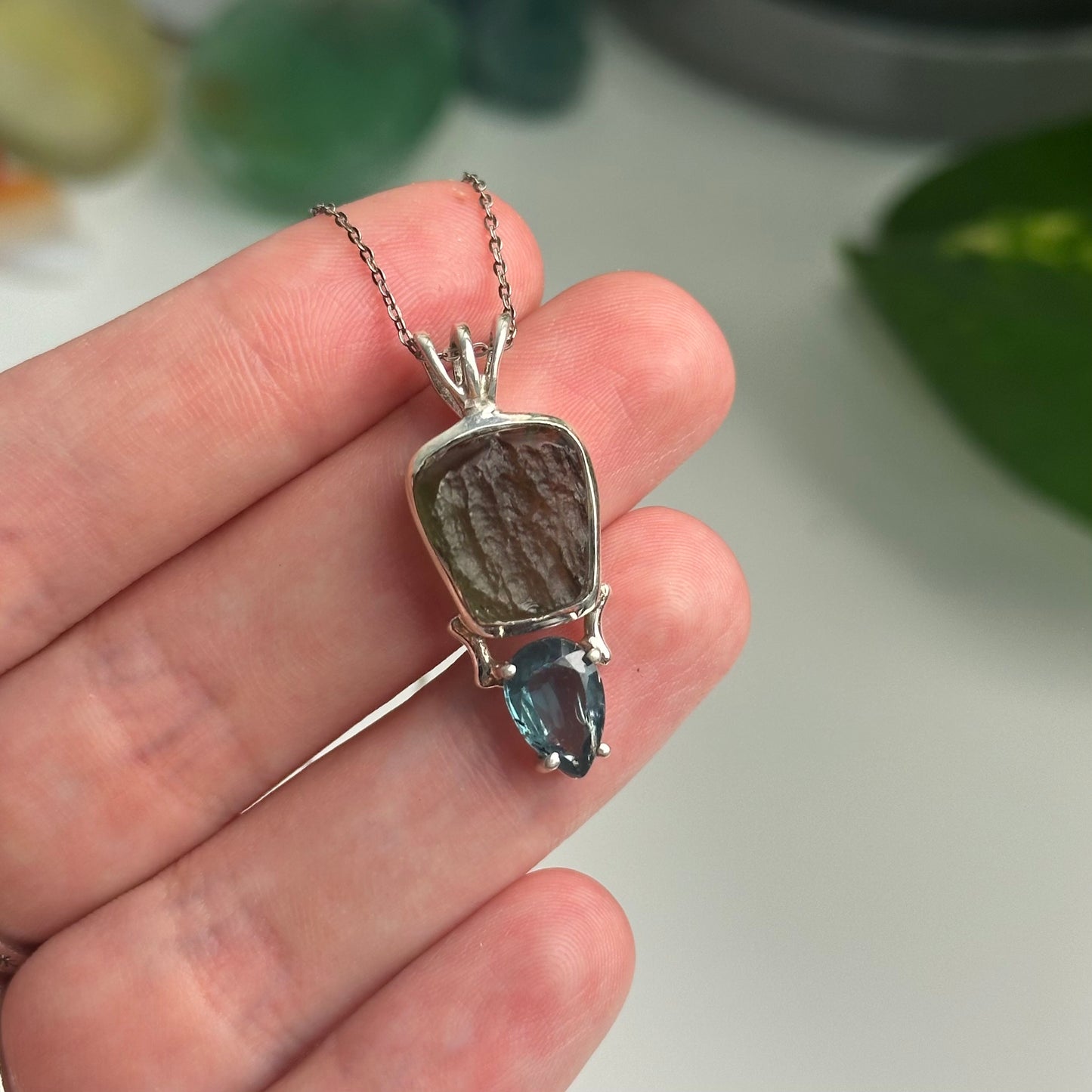 Green Kyanite And Moldavite Pendant Style C