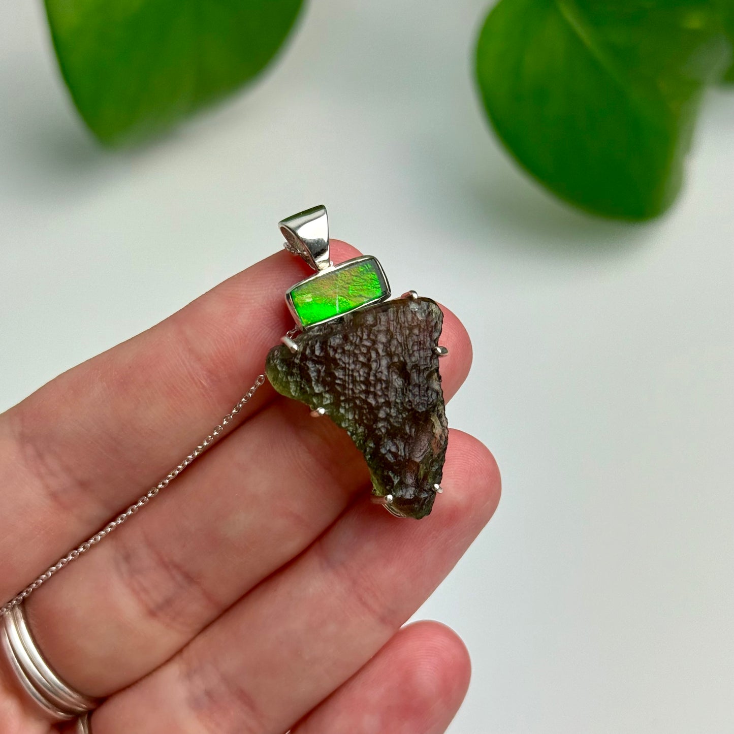 Moldavite & Ammolite Pendant—6.15 Grams