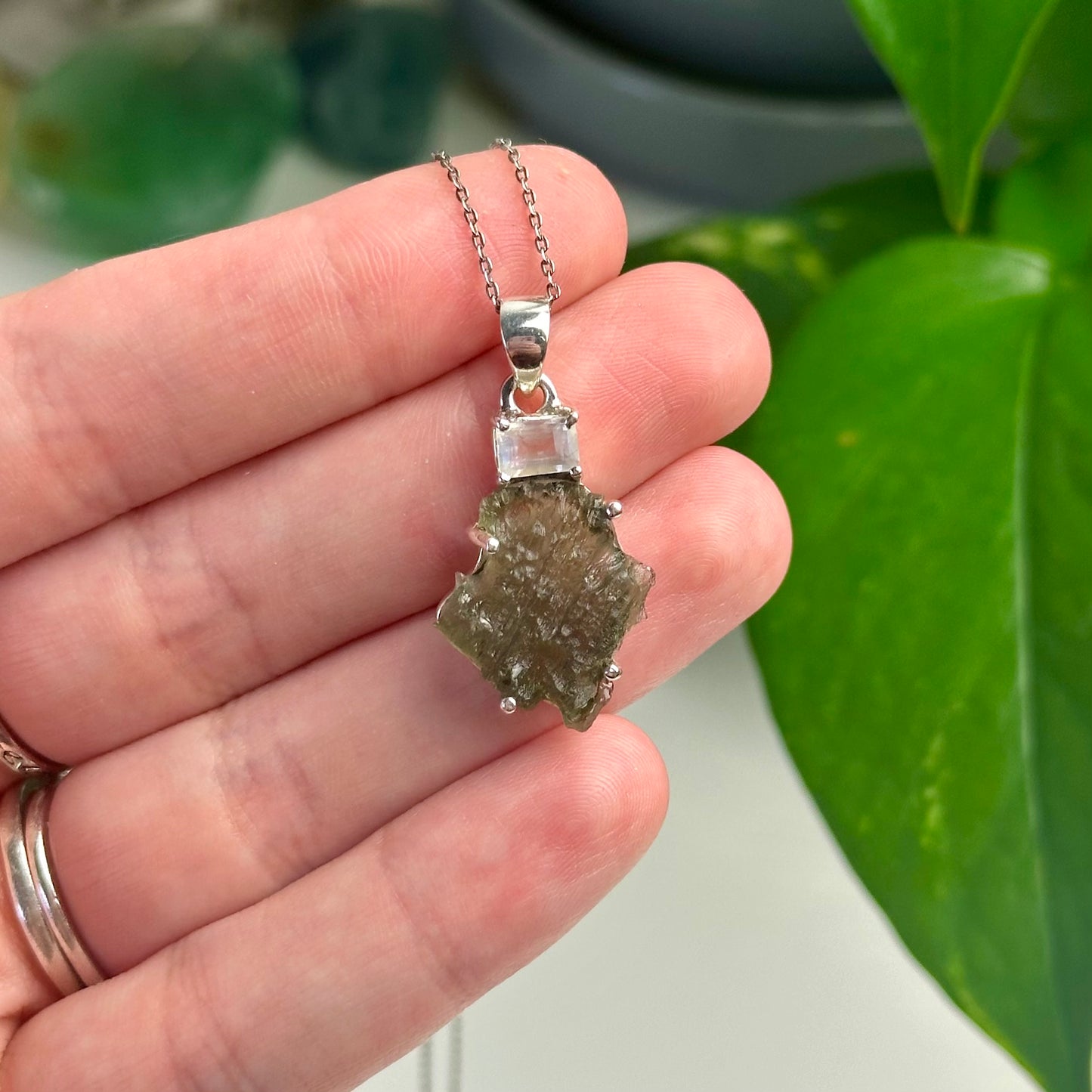 Rainbow Moonstone And Moldavite Pendant Style D