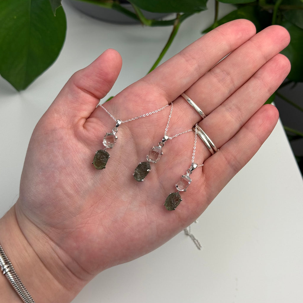 Moldavite and Herkimer Diamond Pendant