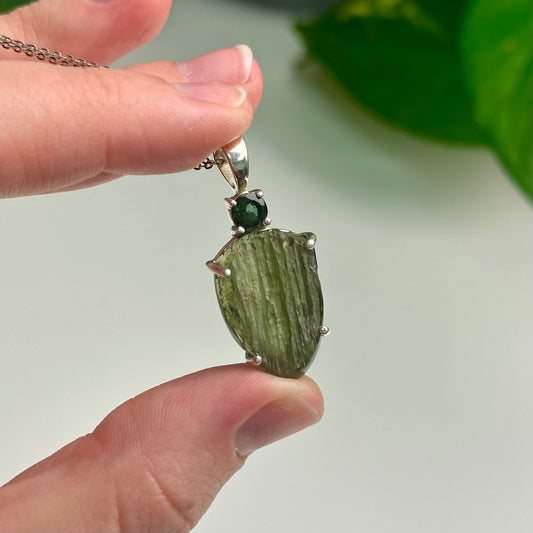 Green Tourmaline And Moldavite Pendant