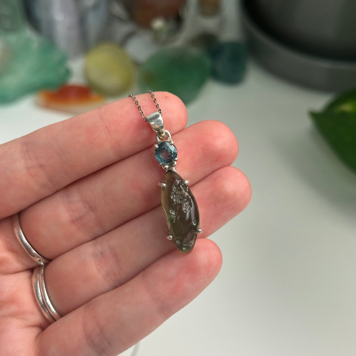 Green Kyanite And Moldavite Pendant Style A