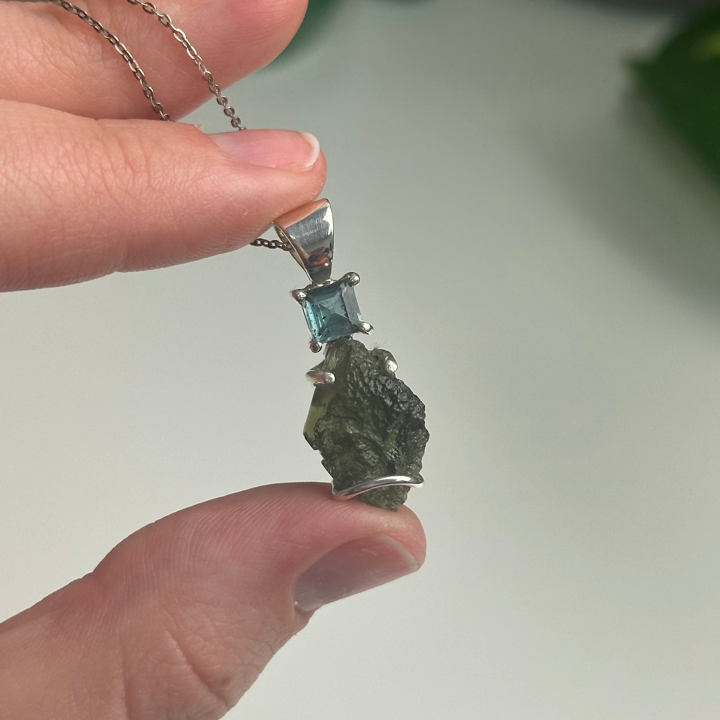 Green Kyanite And Moldavite Pendant Style E