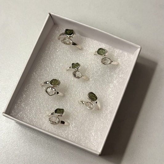 Moldavite and Herkimer Diamond Adjustable Ring