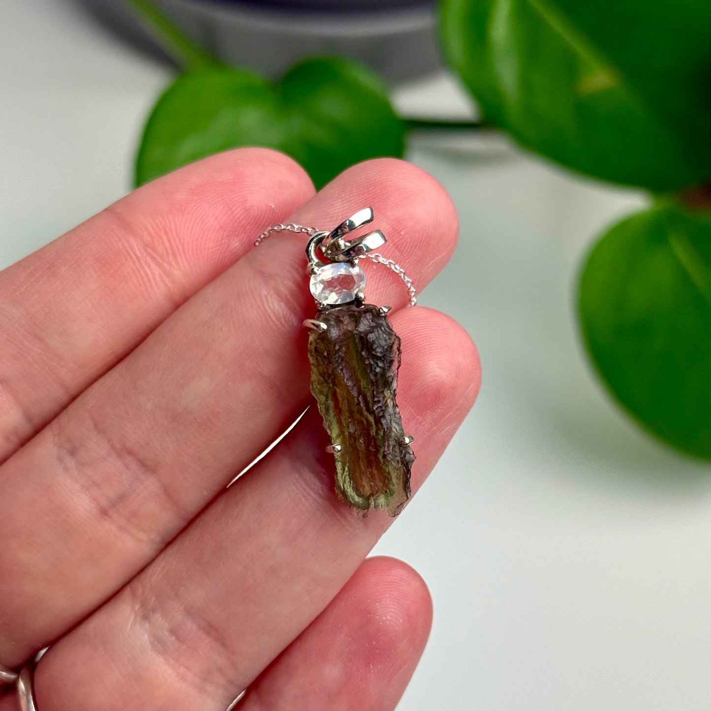 Moldavite & Madagascar Moonstone Pendant—3.07 Grams