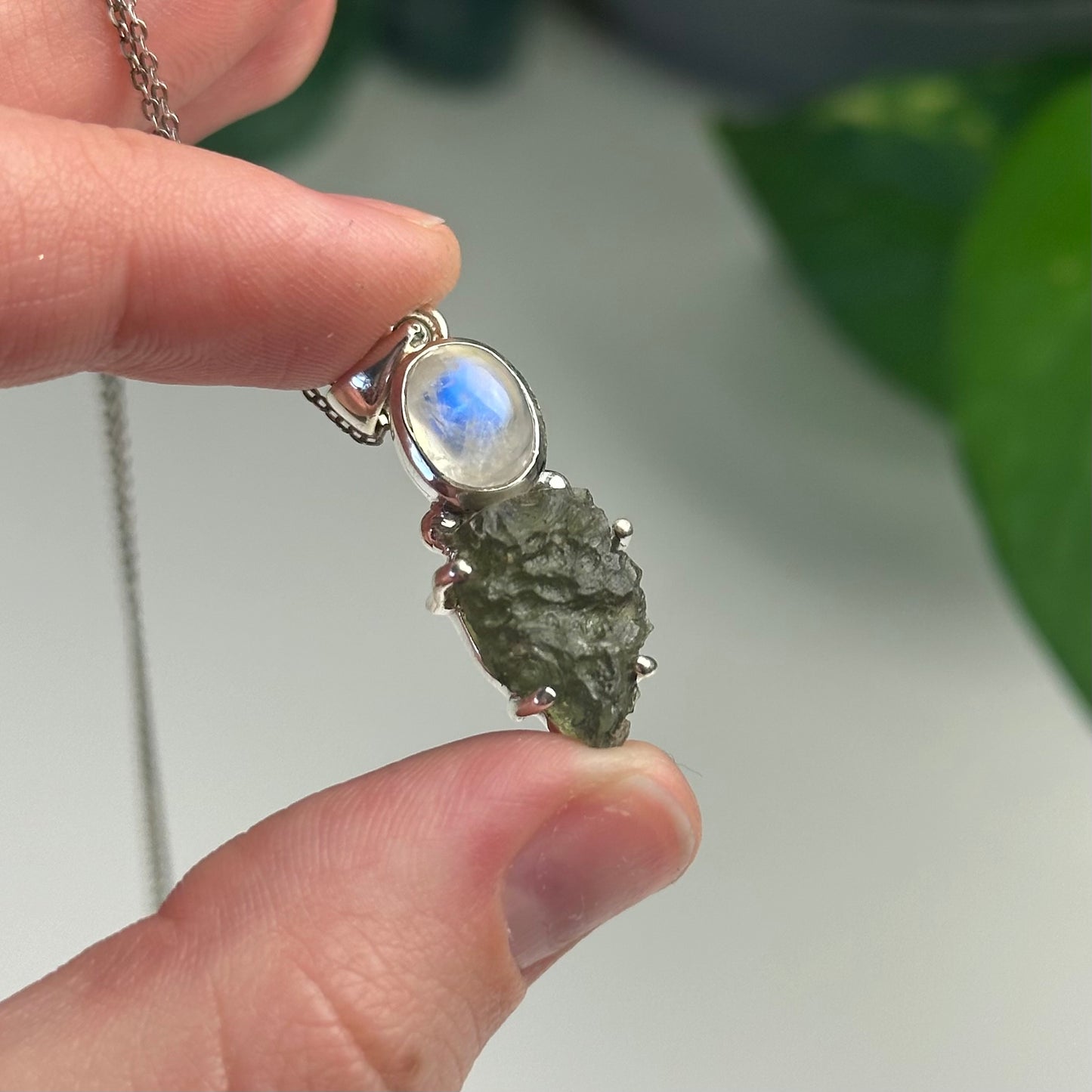 Rainbow Moonstone And Moldavite Pendant Style F