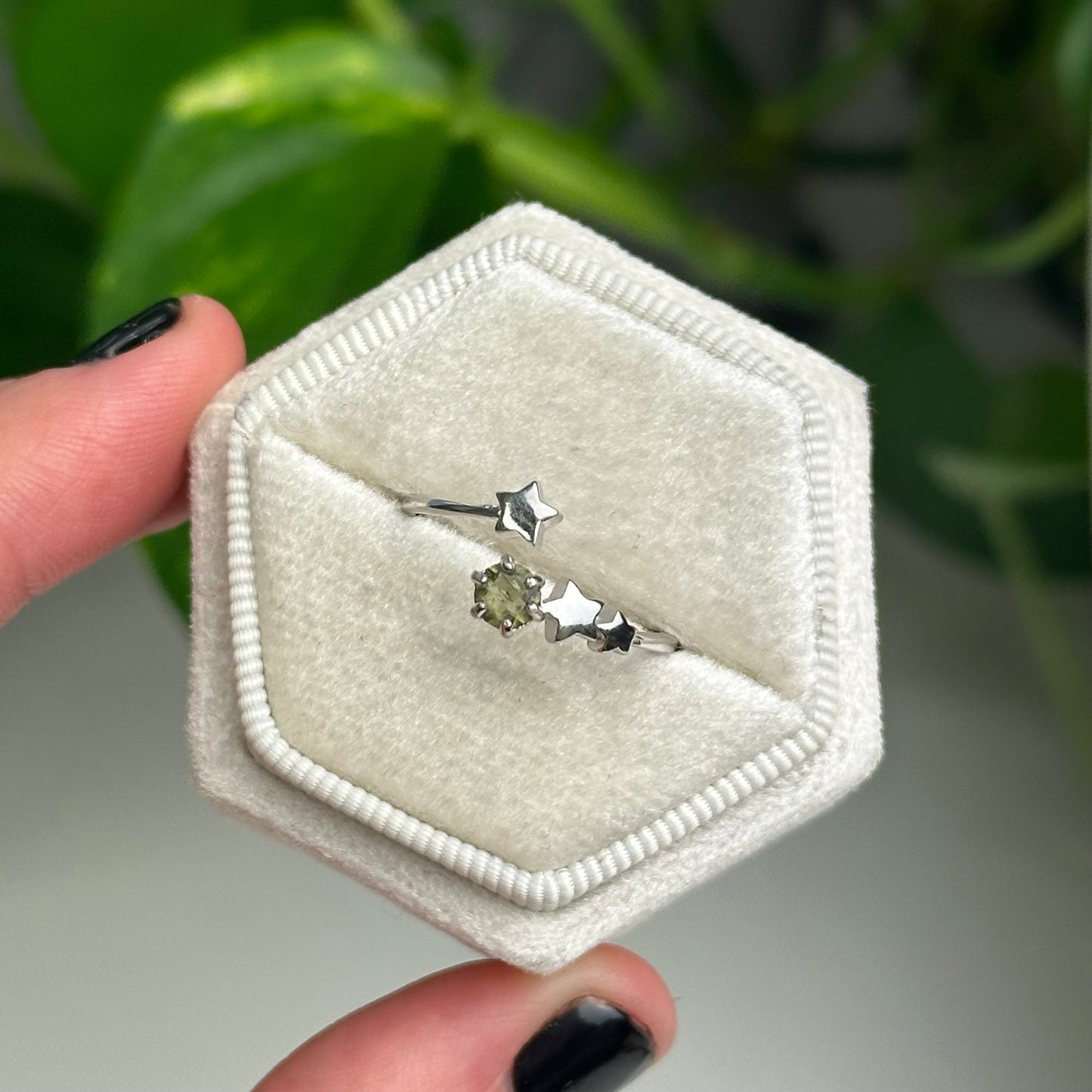 Adjustable Faceted Moldavite Star Ring