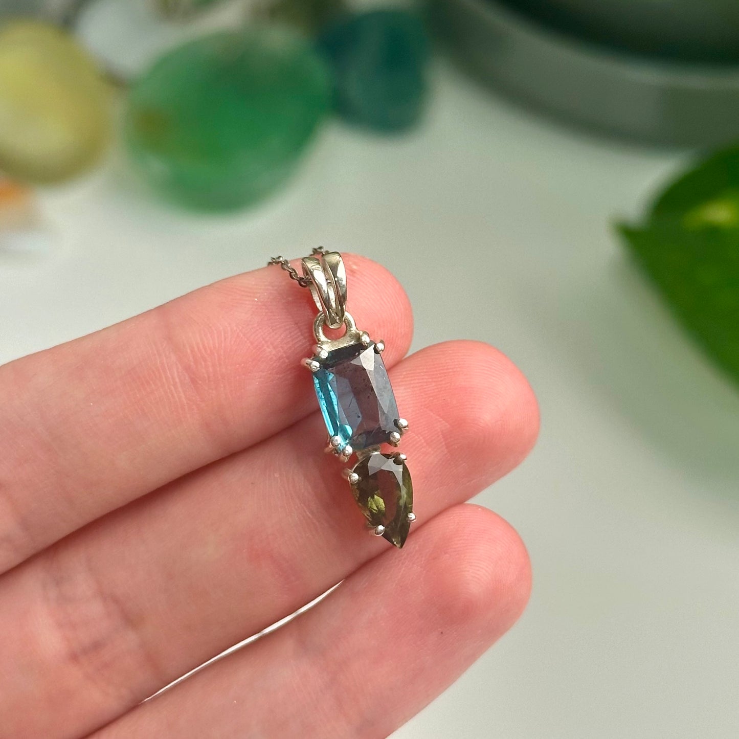 Green Kyanite And Moldavite Pendant Style F