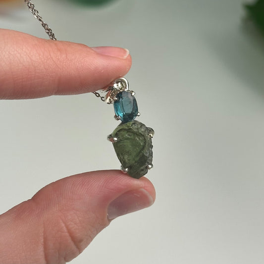 Green Kyanite And Moldavite Pendant Style D