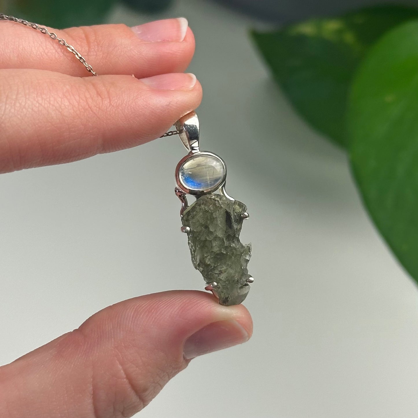 Rainbow Moonstone And Moldavite Pendant Style E