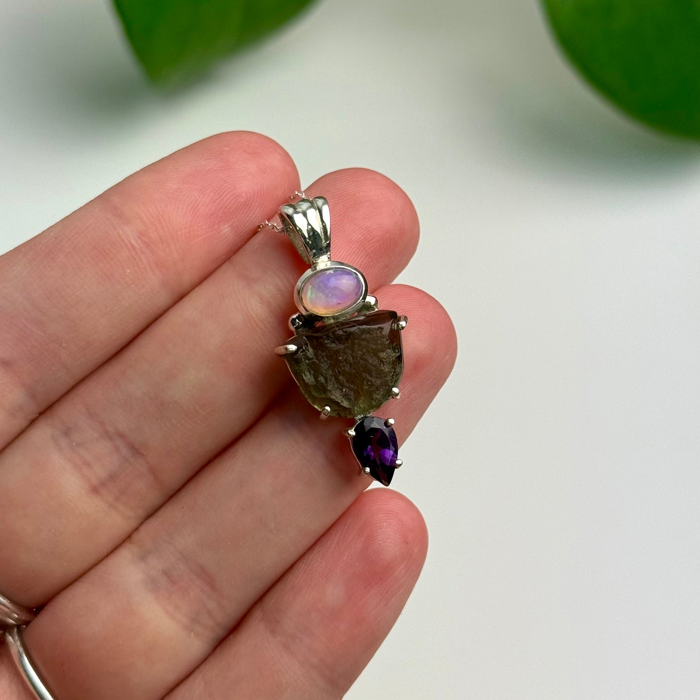 Moldavite, Amethyst & Opal Pendant—4.05 Grams