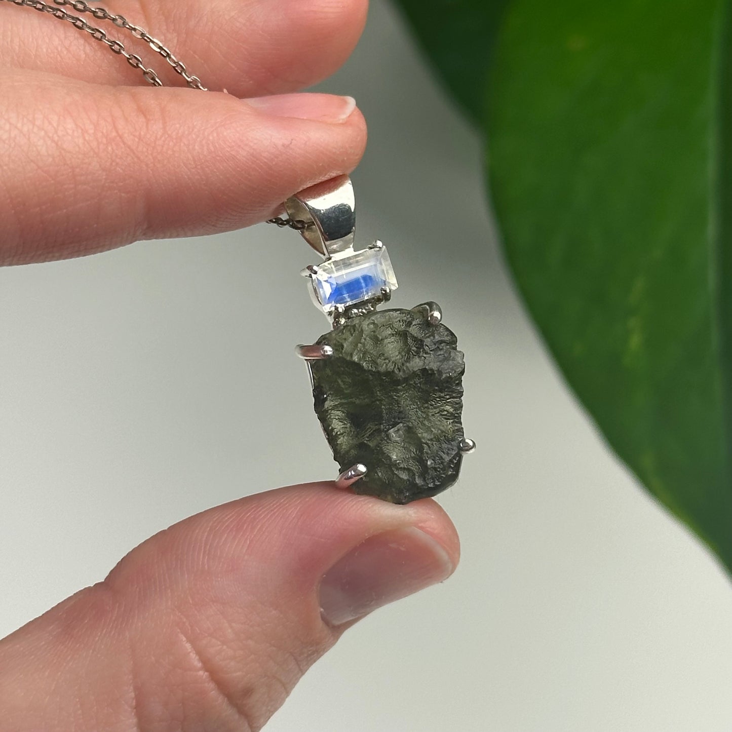 Rainbow Moonstone And Moldavite Pendant Style H