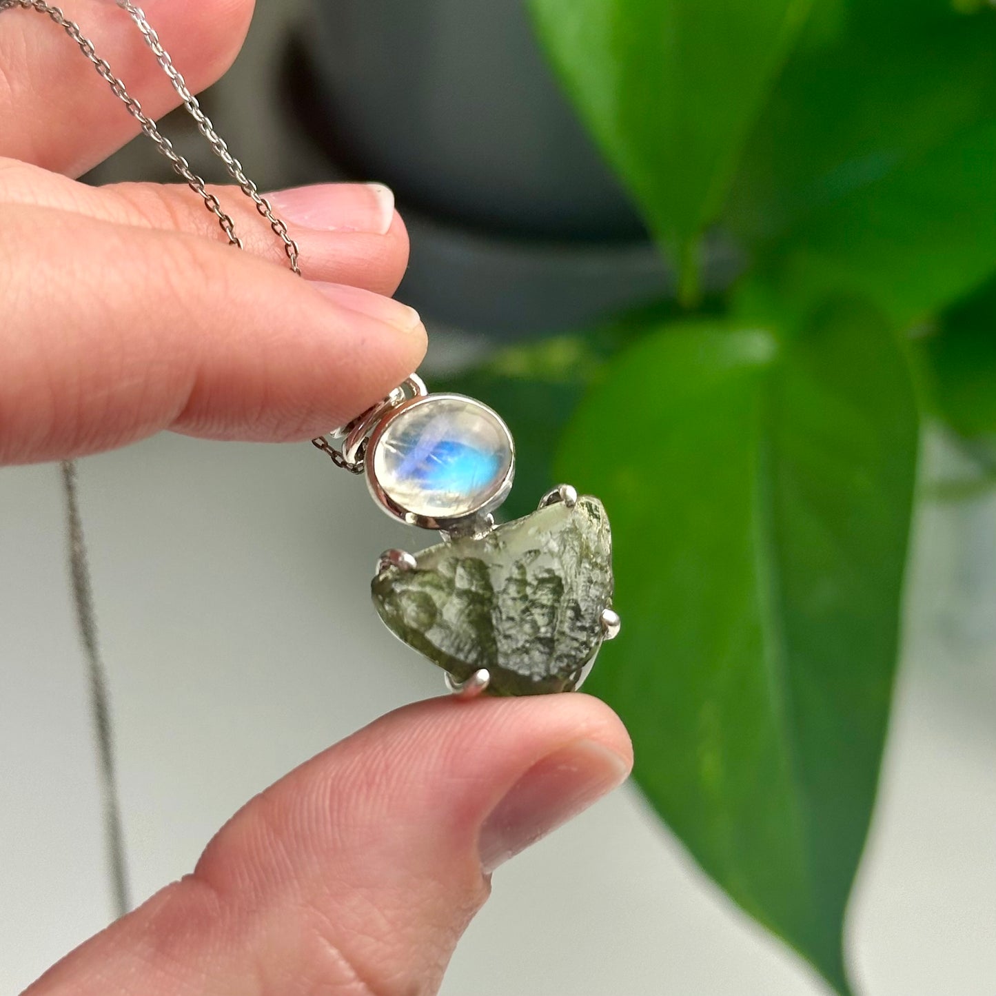 Rainbow Moonstone And Moldavite Pendant Style G