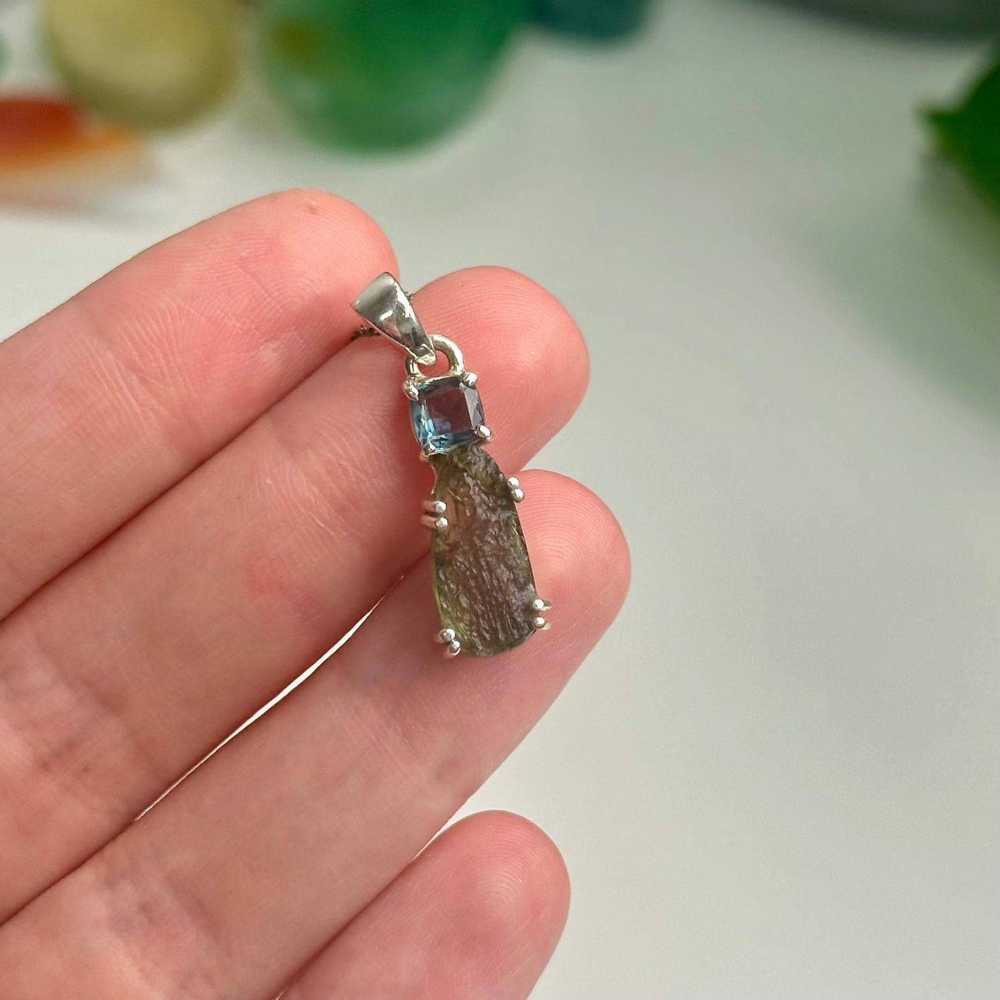 Green Kyanite And Moldavite Pendant Style G