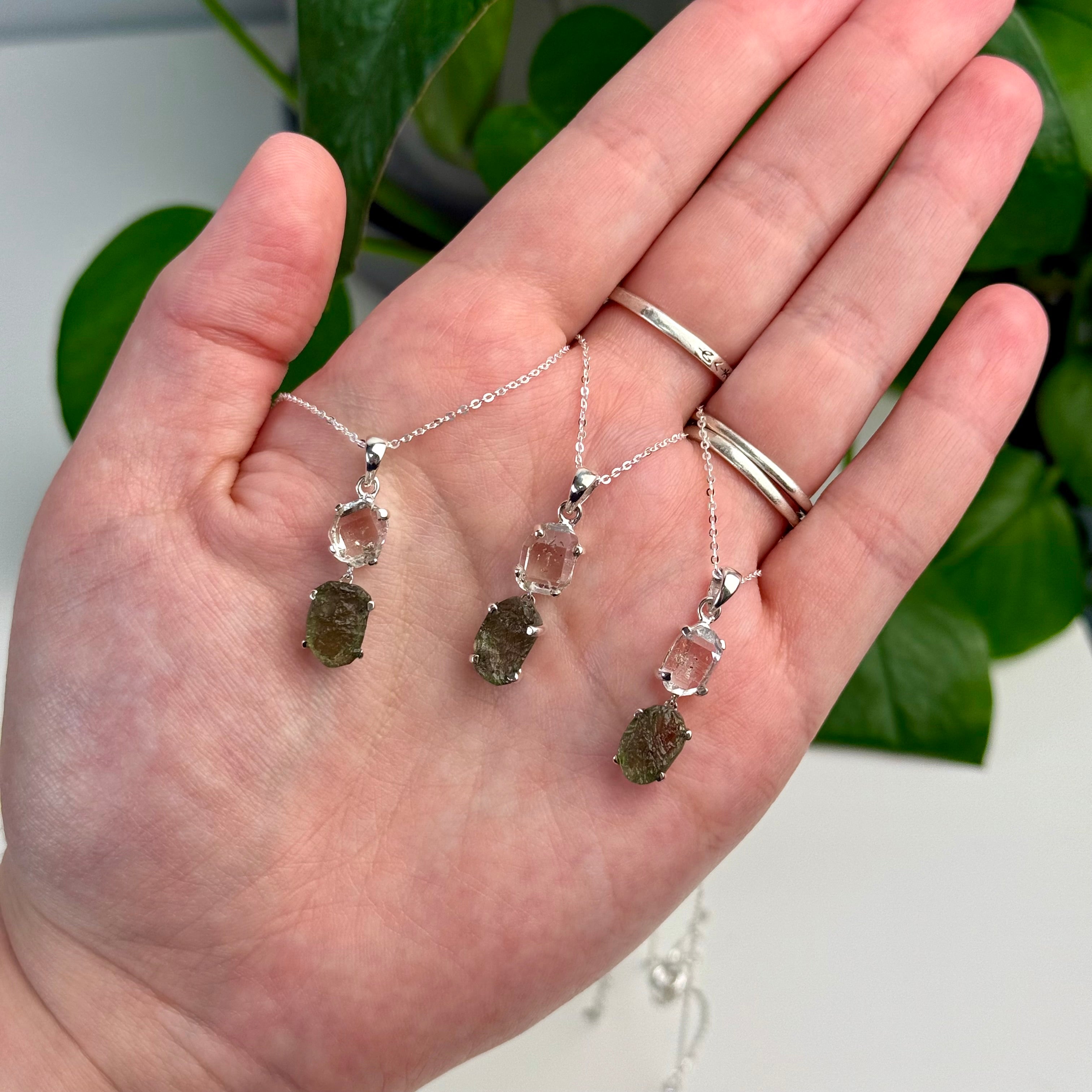 Moldavite and Herkimer Diamond Pendant