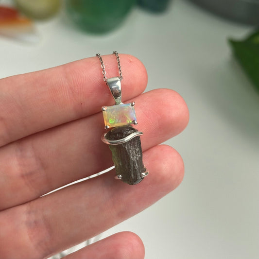 Opal And Moldavite Pendant Style A