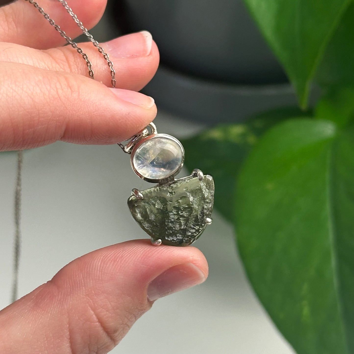 Rainbow Moonstone And Moldavite Pendant Style G