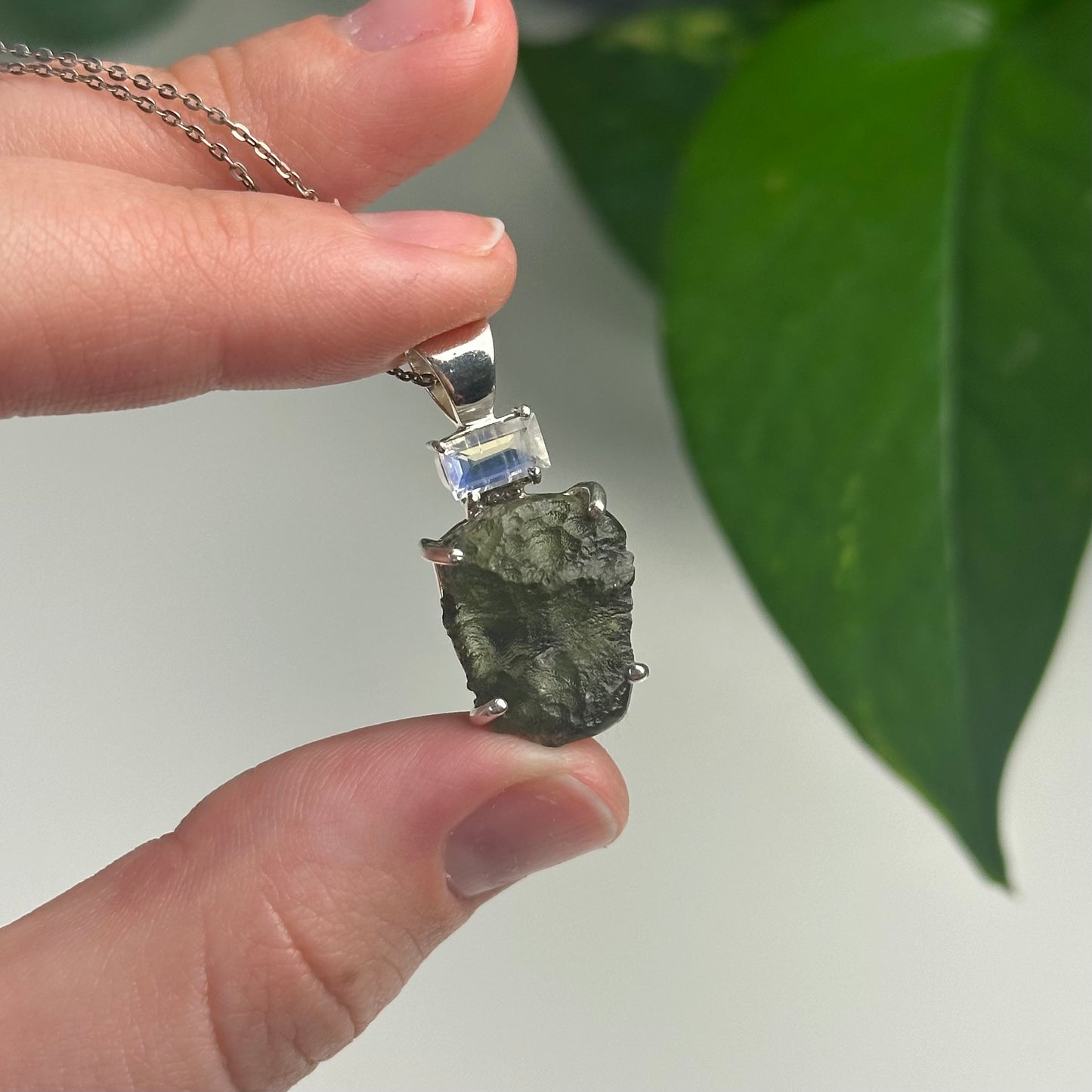 Rainbow Moonstone And Moldavite Pendant Style H