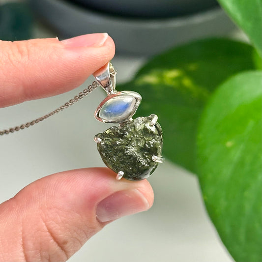 Rainbow Moonstone And Moldavite Pendant Style B