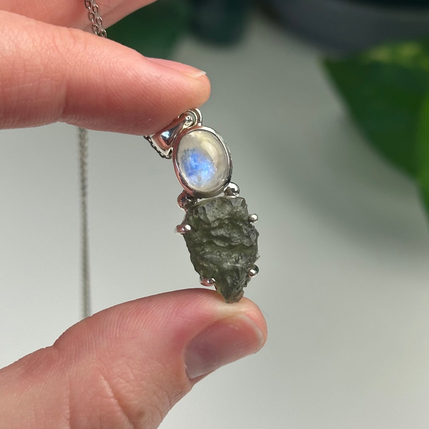 Rainbow Moonstone And Moldavite Pendant Style F