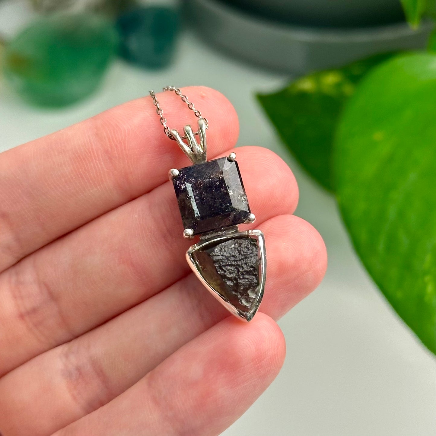 Iolite + Sunstone And Moldavite Pendant Style B