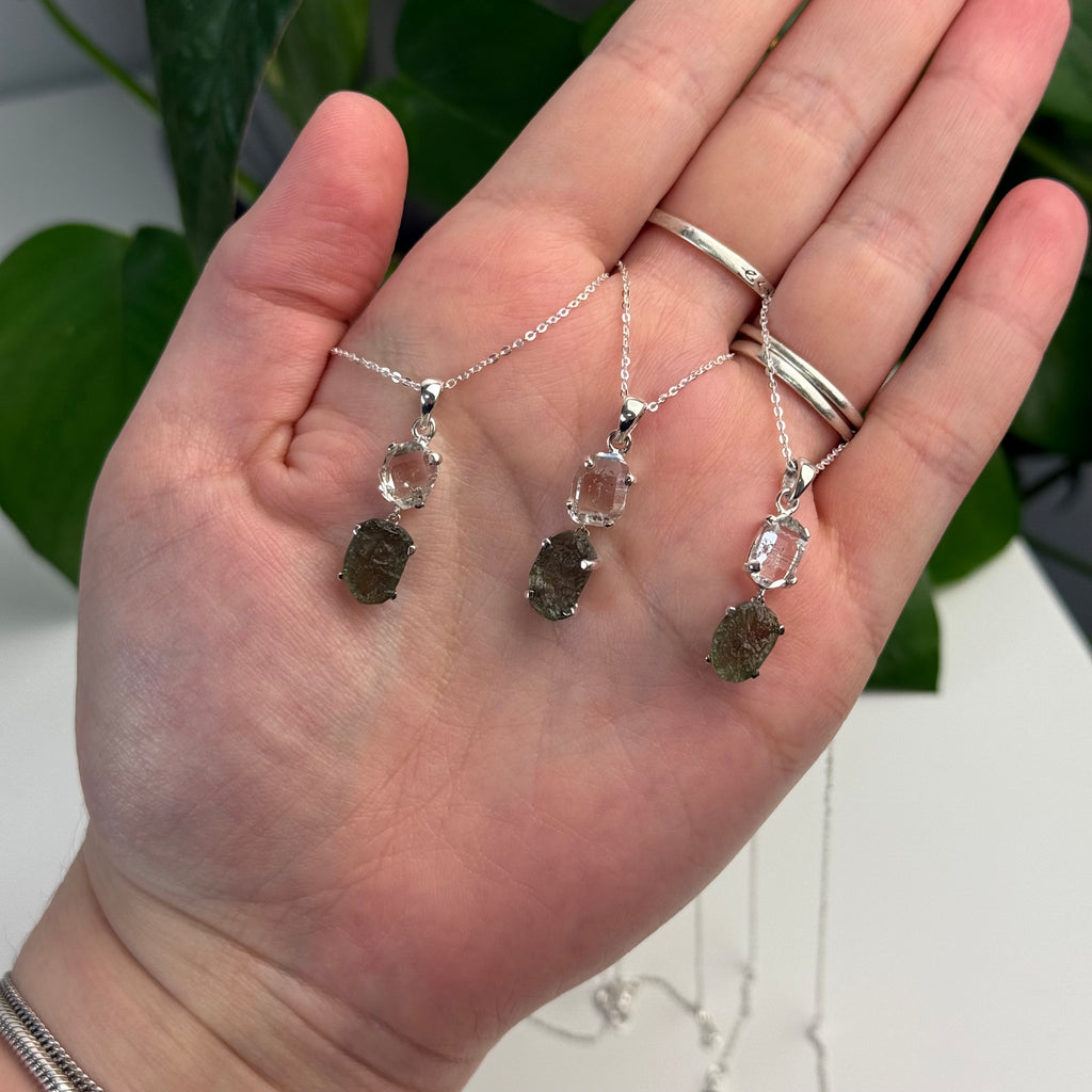 Moldavite and Herkimer Diamond Pendant