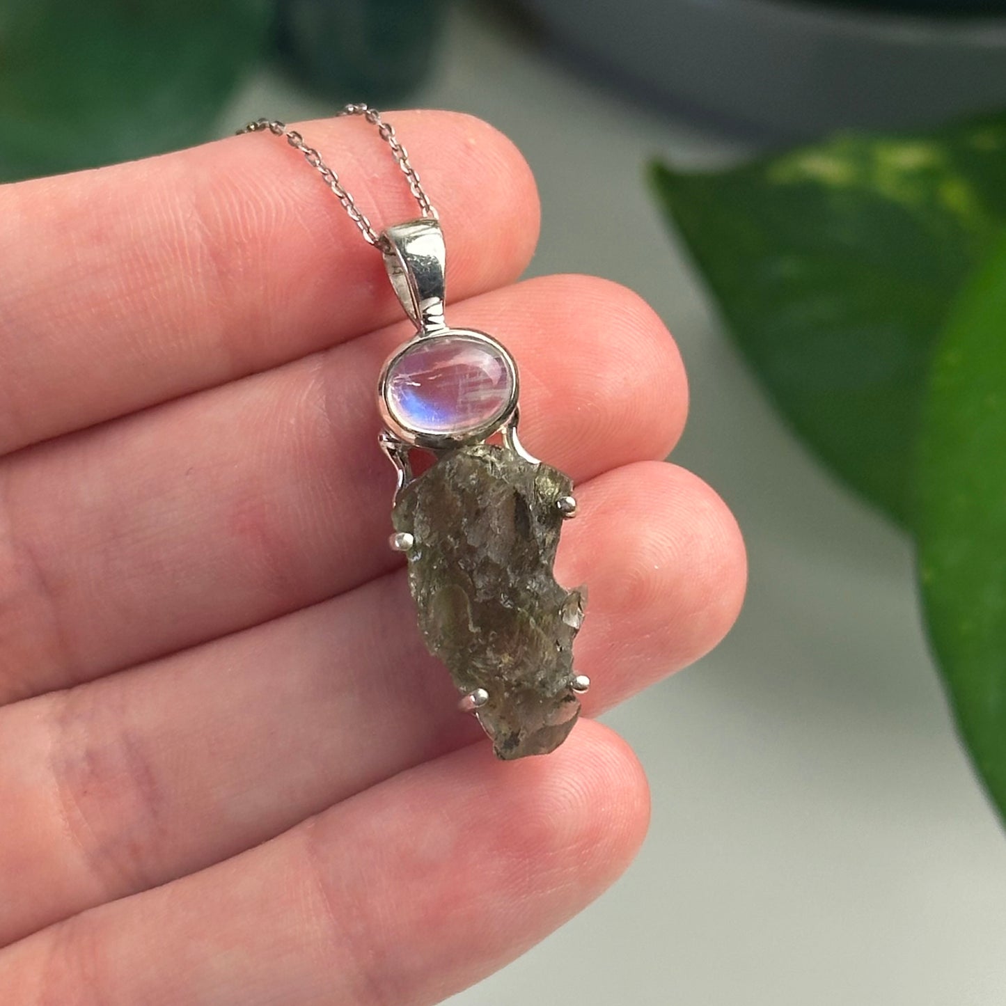 Rainbow Moonstone And Moldavite Pendant Style E