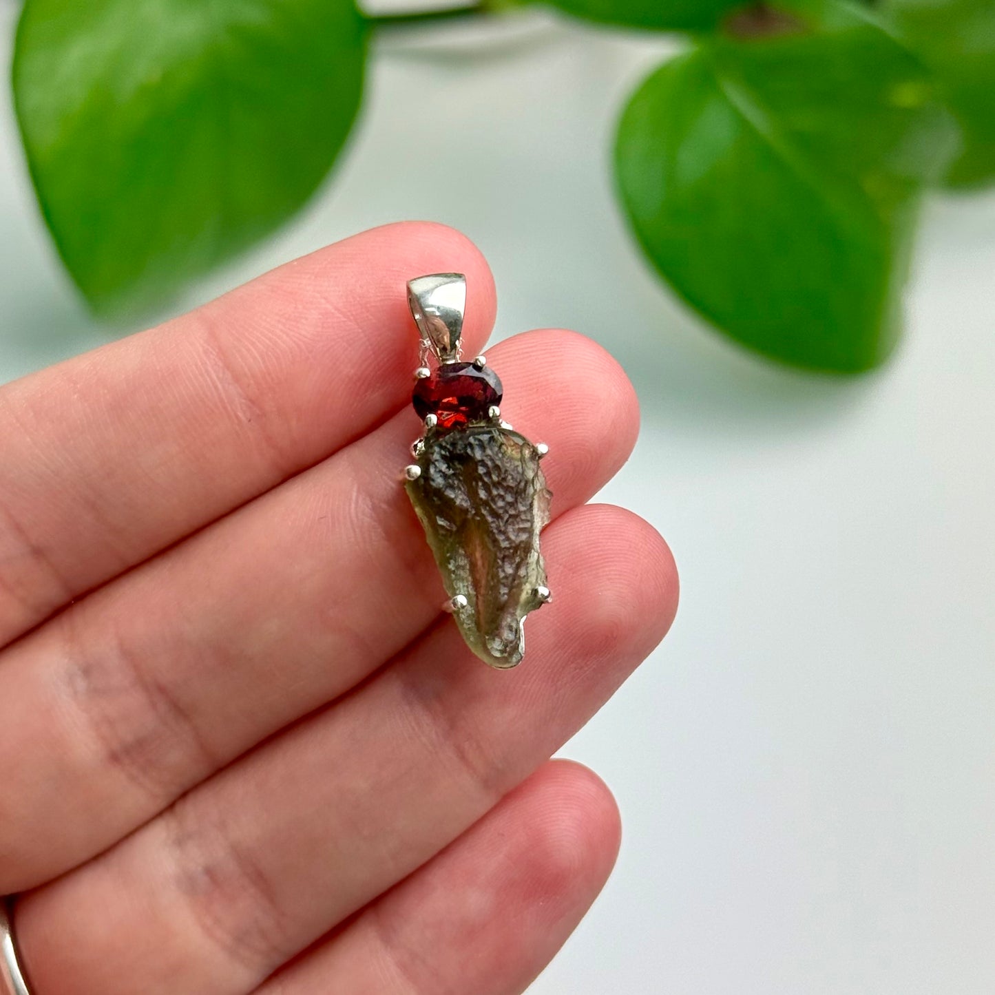 Moldavite & Garnet Pendant—3 Grams