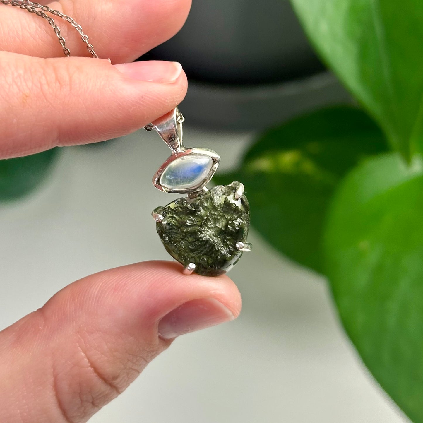 Rainbow Moonstone And Moldavite Pendant Style B