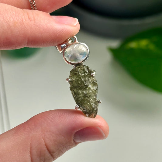 Rainbow Moonstone And Moldavite Pendant Style A