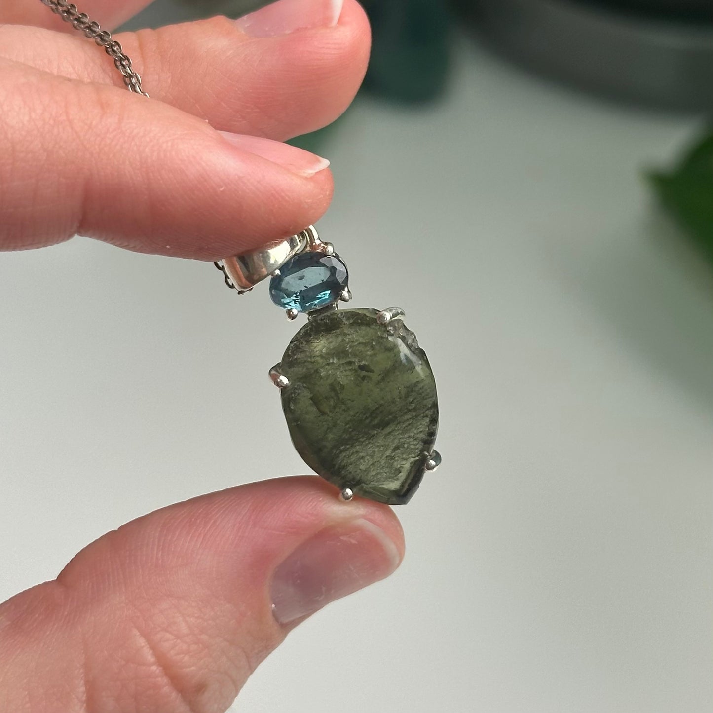 Green Kyanite And Moldavite Pendant Style B