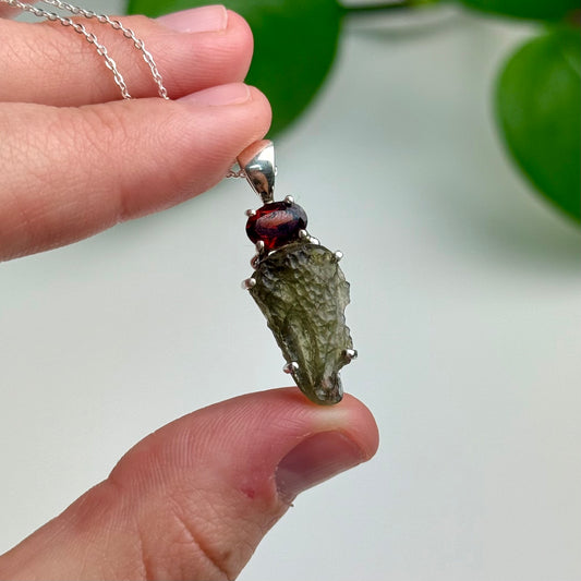 Moldavite & Garnet Pendant—3 Grams