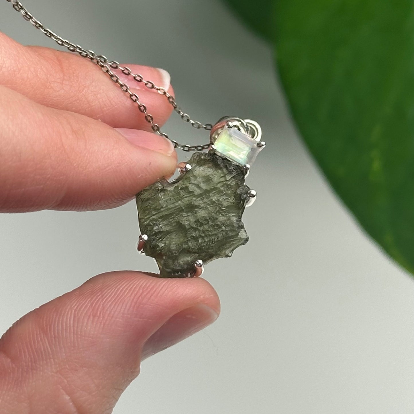 Rainbow Moonstone And Moldavite Pendant Style D