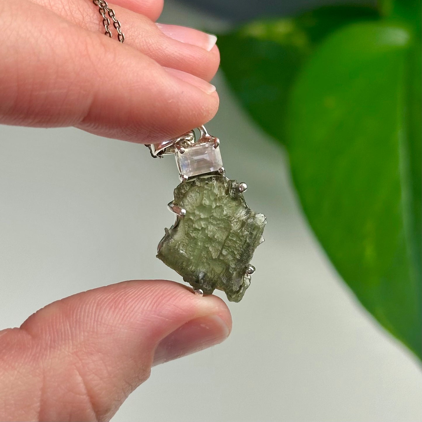 Rainbow Moonstone And Moldavite Pendant Style D