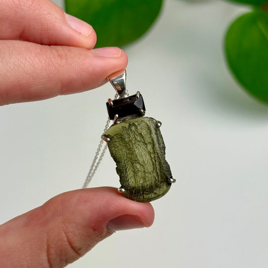 Moldavite & Tourmaline Pendant—5.60 Grams