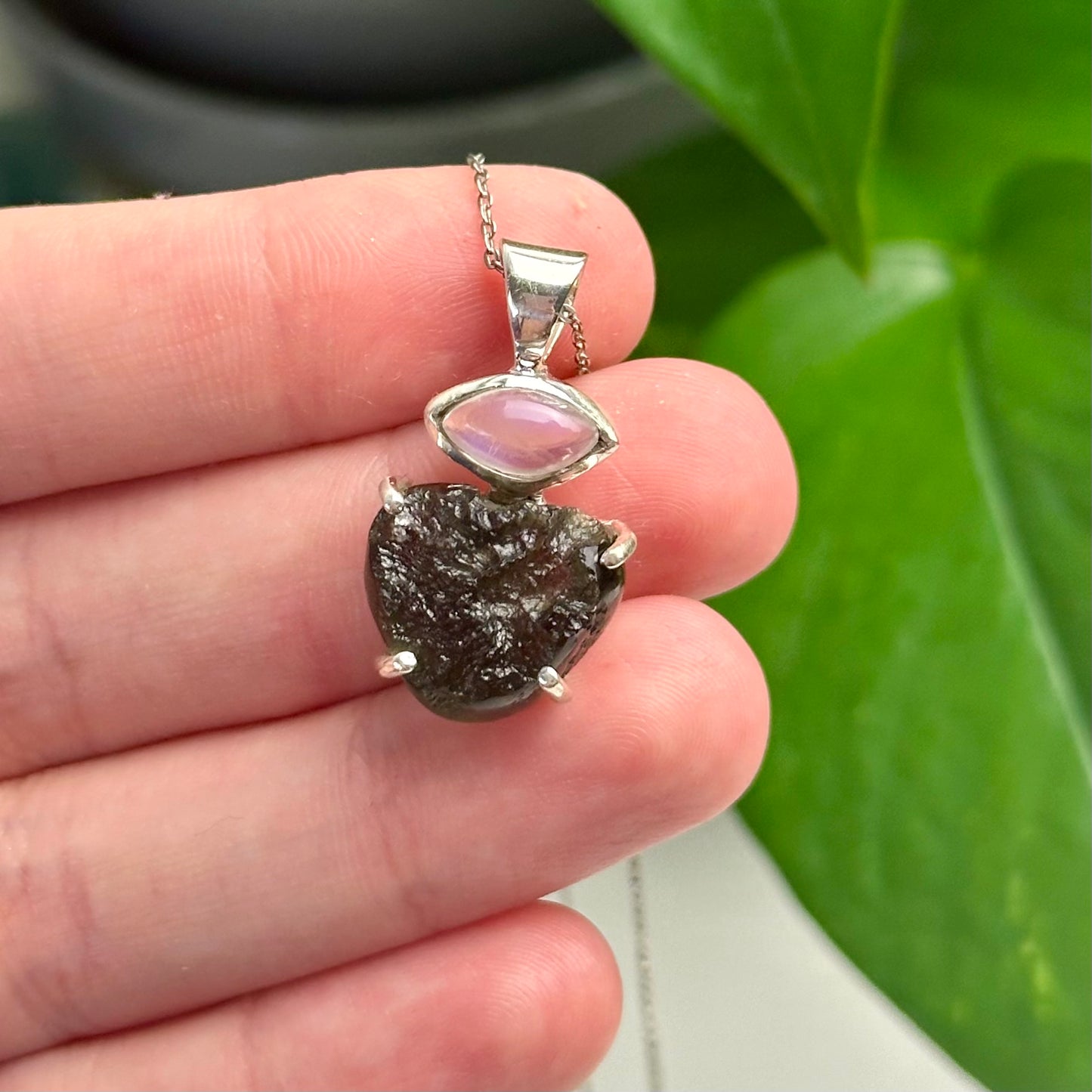 Rainbow Moonstone And Moldavite Pendant Style B