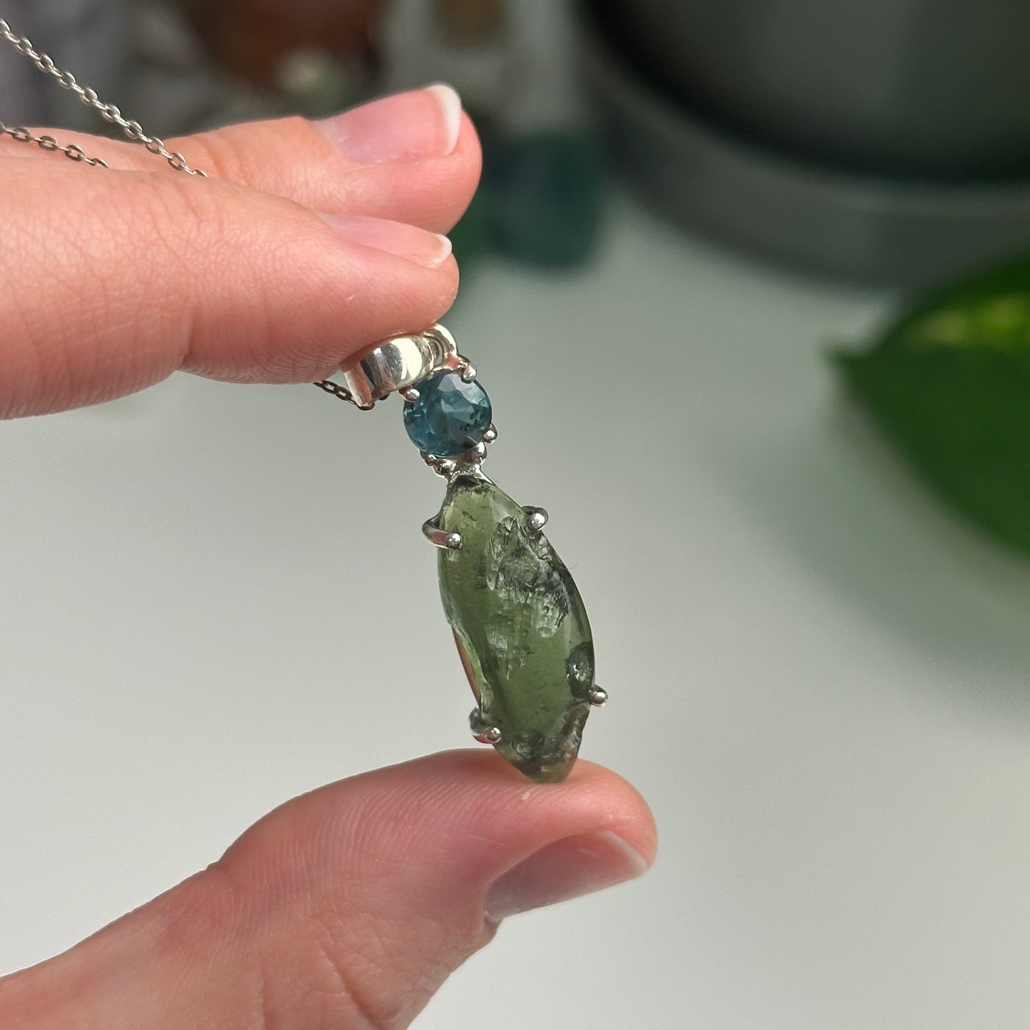 Green Kyanite And Moldavite Pendant Style A