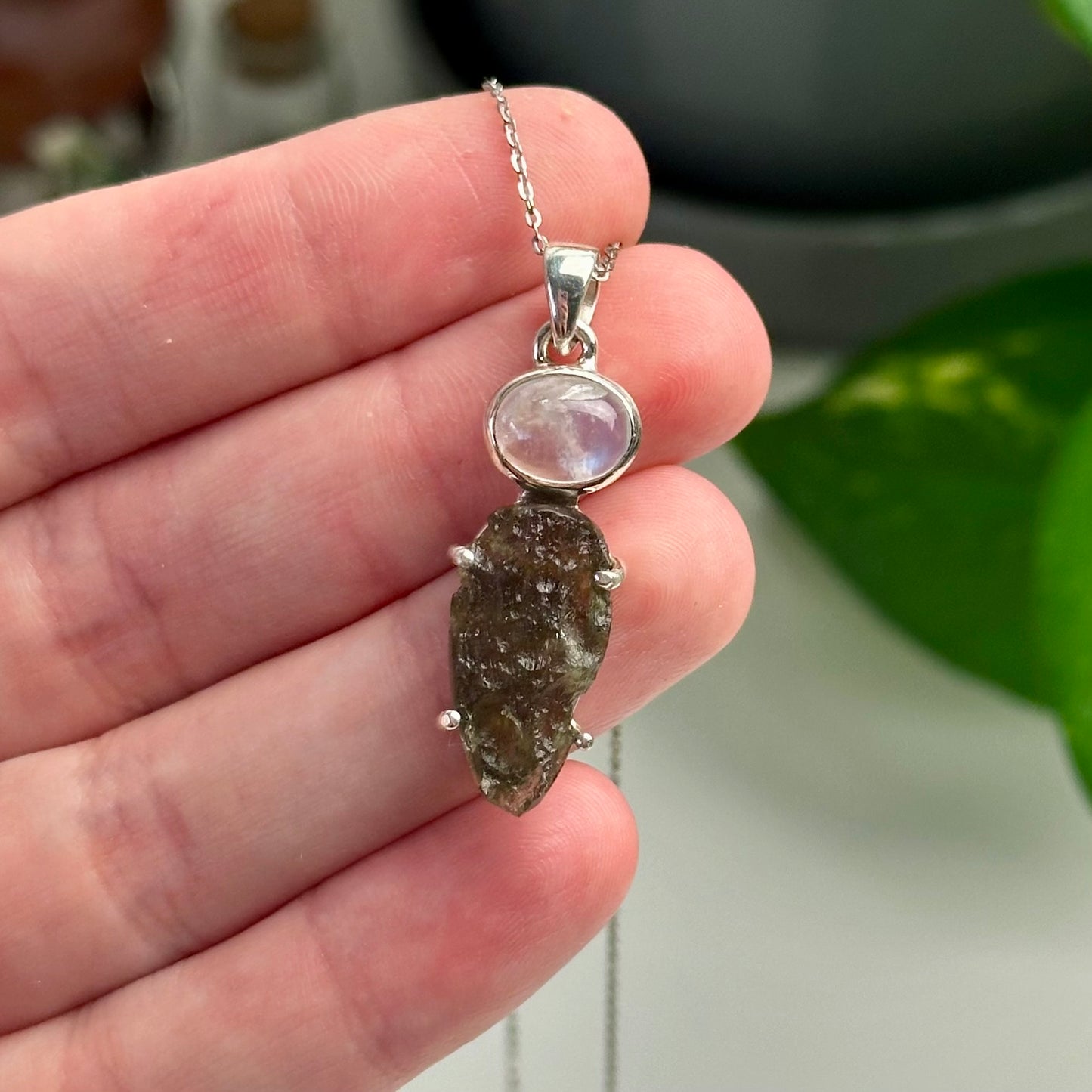 Rainbow Moonstone And Moldavite Pendant Style A